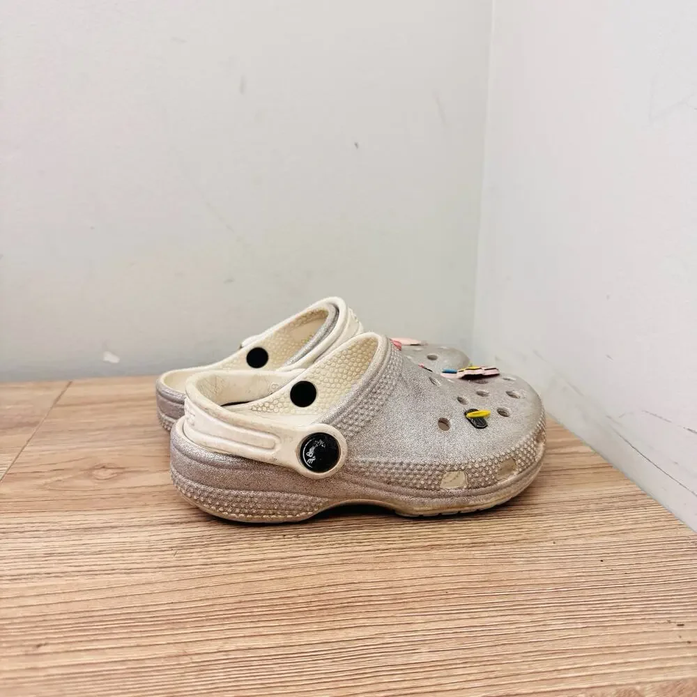 Crocs Silver Classic Glitter Clogs With Charms Girls Size 9